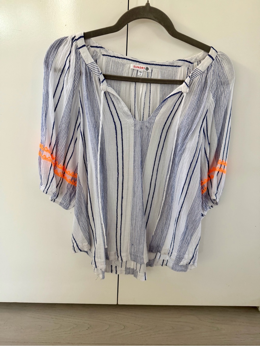 Sundry White with Navy Stripe Blouse and Neon Orange Sleeve Trim